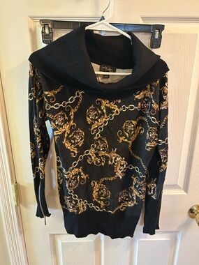 Thalia Sodi Black & Gold Baroque Cowl-Neck Sweater